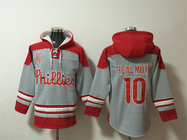 Men's Philadelphia Phillies #10 J.T. Realmuto Gray/Red Ageless Must-Have Lace-Up Pullover Hoodie